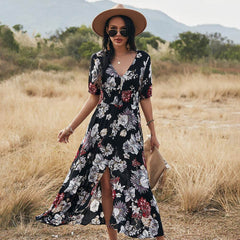 Vestido playero floral de verano con escote en V y cintura elástica para mujer