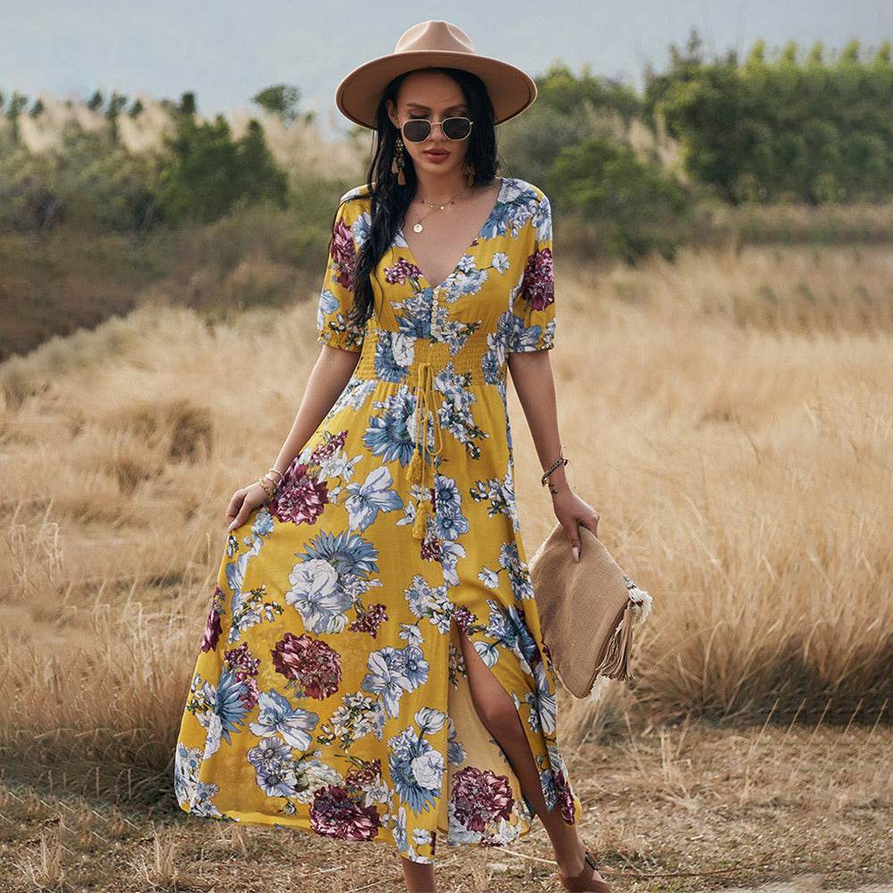 Floral Summer Beach Dress With V Neck Elastic Waist Dresses For Women Yellow