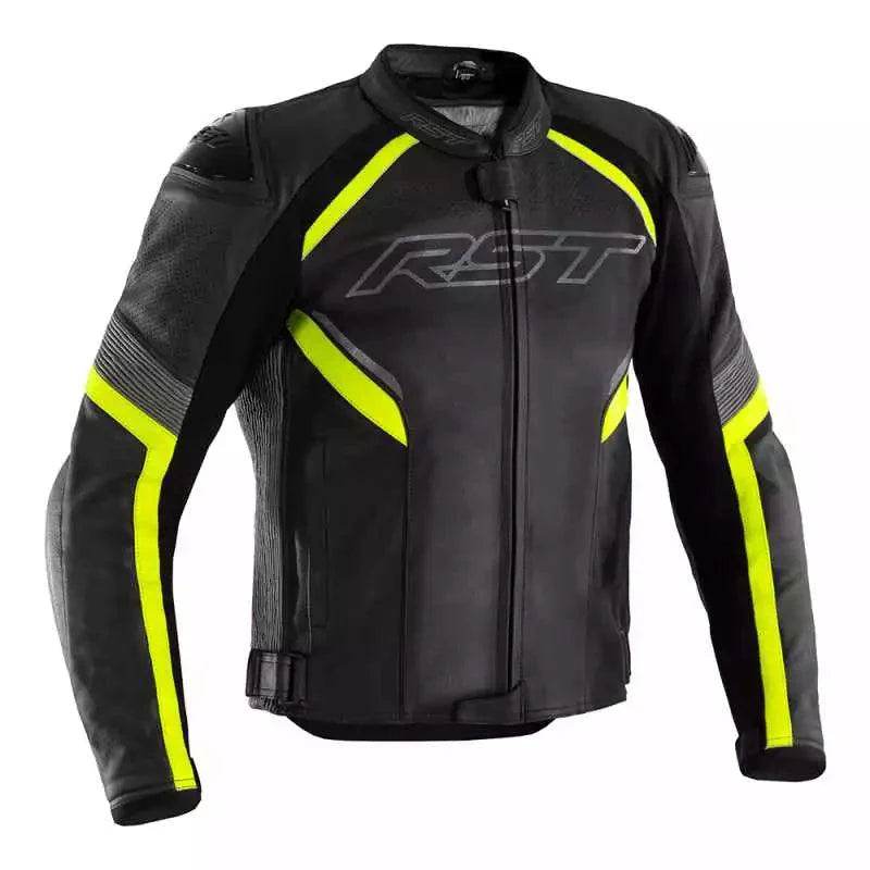 SABRE CE MENS LEATHER JACKET BLACK GREY FLOYELLOW
